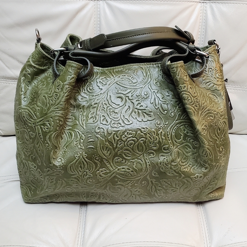ISADORA ITALY Genuine Leather Italian Embossed Large Green Satchel Tote Bag NEW